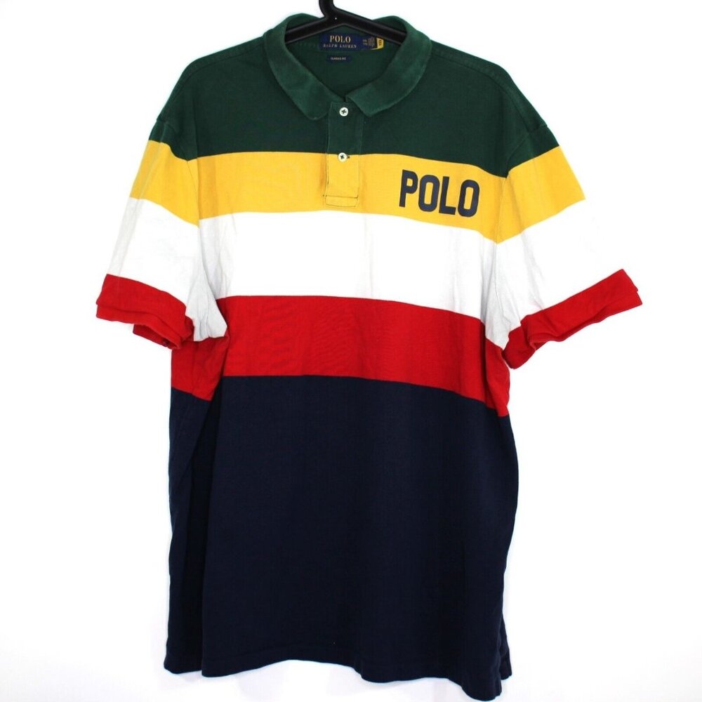 Polo Ralph Lauren Mens 2XL Spell Out Striped Colorblock Polo Shirt M959